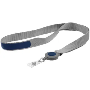 Лента для бейджа с ретрактором Devon, серая с синим заказать онлайн со своим дизайном в РПК КБ с доставкой и скидками