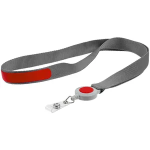 Лента для бейджа с ретрактором Devon, серая с красным заказать онлайн со своим дизайном в РПК КБ с доставкой и скидками