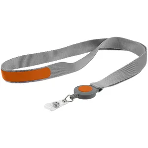 Лента для бейджа с ретрактором Devon, серая с оранжевым заказать онлайн со своим дизайном в РПК КБ с доставкой и скидками