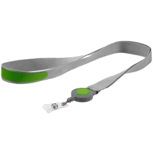 Лента для бейджа с ретрактором Devon, серая с зеленым заказать онлайн со своим дизайном в РПК КБ с доставкой и скидками