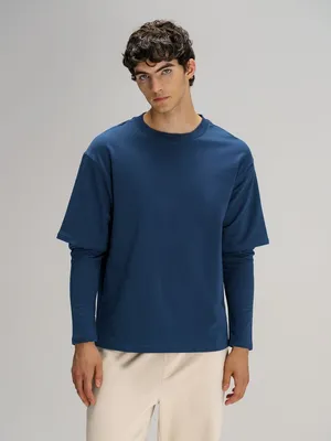 Футболка оверсайз с двойным рукавом Kosmos, темно-синяя заказать онлайн со своим дизайном в РПК КБ с доставкой и скидками