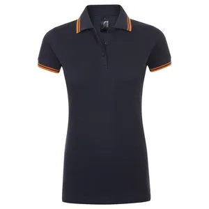 Рубашка поло женская Pasadena Women 200 с контрастной отделкой, темно-синяя (navy) с неоново-оранжевым заказать онлайн со своим дизайном в РПК КБ с доставкой и скидками